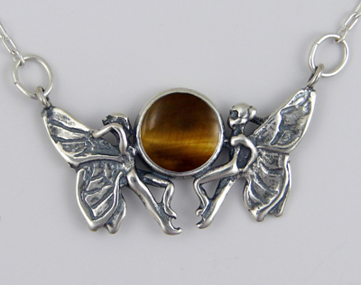 Sterling Silver Pair of Fairies Necklace With Tiger Eye